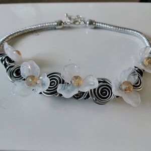 16" Wire Wrapped Chic Black Silver and White Floral Necklace
